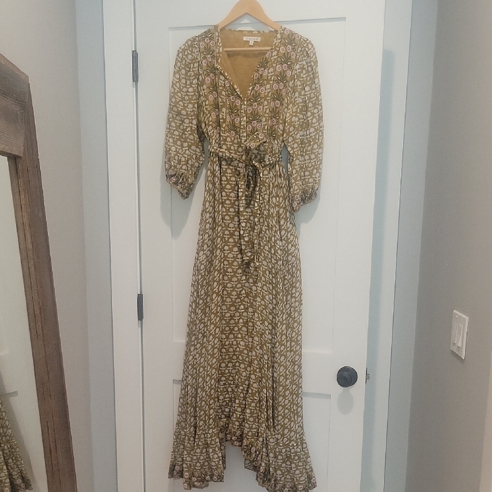 MAREA Yellow/tan Patterned Maxi Dress with Tie
